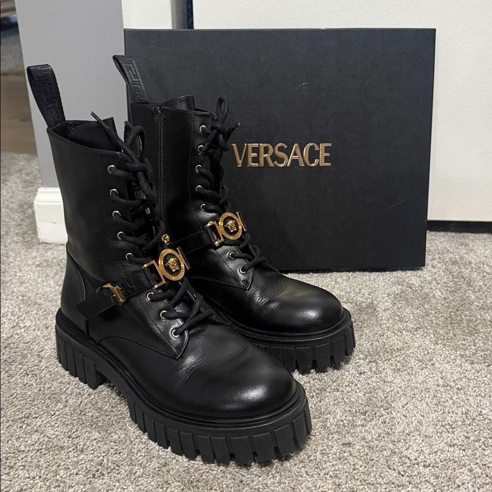 Versace Black Combat Boots with Gold Medallions